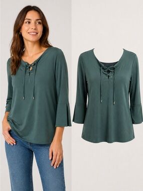 Chico’s | Green Lace-Up Neck Top | 3/4 Sleeve Stretch Blouse | Size 1 (M)